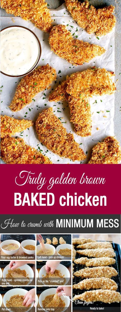 Truly Golden and Crunchy Baked Breaded Chicken Tenders (Crumbed) - how to make breaded / crumbed chicken in the oven that come out evenly golden and with out getting your fingers caked with batter and breadcrumbs. Baked Breaded Chicken Tenders, Crumbed Chicken, Baking Chicken, Oven Baked Chicken Tenders, Baked Breaded Chicken, Chicken In The Oven, Crispy Oven Baked Chicken, Breaded Chicken Tenders, Baked Chicken Tenders