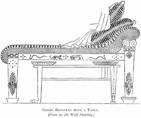 Ancient Greek Couch They were used for reclining, for eating in a reclined position, and for sleeping. Egyptian Furniture, Minoan Art, Daniel And The Lions, Classical Greece, Furniture Sketch, Multipurpose Furniture, Ancient Persian, Prehistoric Art, Old Wall