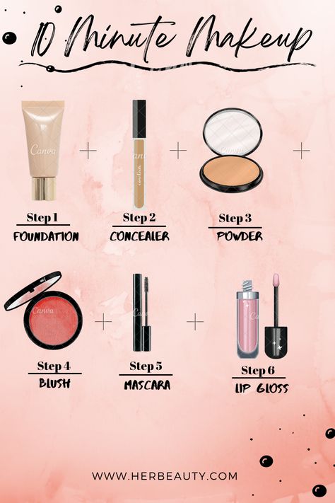 There are 6 easy steps which will help you to do your makeup in 10 minute. This steps are good for beginner. All the product which are use is from "HER BEAUTY" which have amazing collection of makeup. Basic Makeup List For Beginners, Makeup Basics For Beginners Step By Step, No Makeup Makeup Steps, Basic Makeup Steps, Mekup Steps, Simple Makeup Steps, Make Up Steps By Step, 10-minute Makeup, Beginner Make Up Tutorial Step By Step