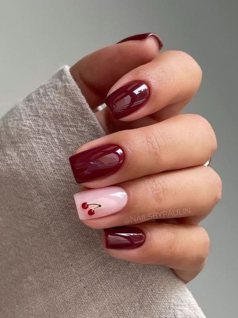 September nail designs: cherry red nails Red Fall Nails Short, Nov Nails Ideas, Neutral Holiday Nail Designs, Girlish Nail Art, Autumn Nails Dark Red, Burgundy Gel Nails Design, November Nail Ideas Square, Fall Nails Design 2024, Autumn Pink Nails