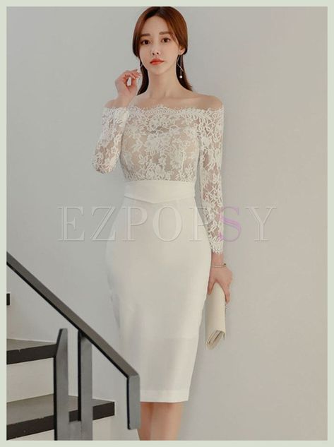 [Promotion] Dresses | Bodycon Dresses | Off-The-Shoulder Long Sleeve Lace Midi Dress #longbodycondresswithsleeves White Dress Outfit Formal, Lace Midi Dress With Sleeves, Tee Length Wedding Dress, Graduation Midi Dress, Dantel Dress, Off The Shoulder Dress Short, Cocktail Clothes, Off Shoulder White Dress, Simple White Dresses