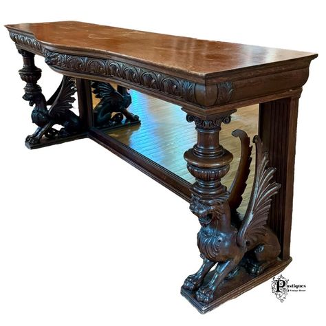 Antique Traditional Victorian Style Console / Sofa Table featuring High Quality Solid Oak Construction, Mirrored Back, Stunning Hand Carved Griffins, Posts, & Apron, and One Hidden Dovetailed Drawer Black Houses, Console Sofa Table, Victorian Table, Room Items, Gothic Furniture, Mirrored Console Table, Victorian Furniture, Classy Tattoos, Console Sofa