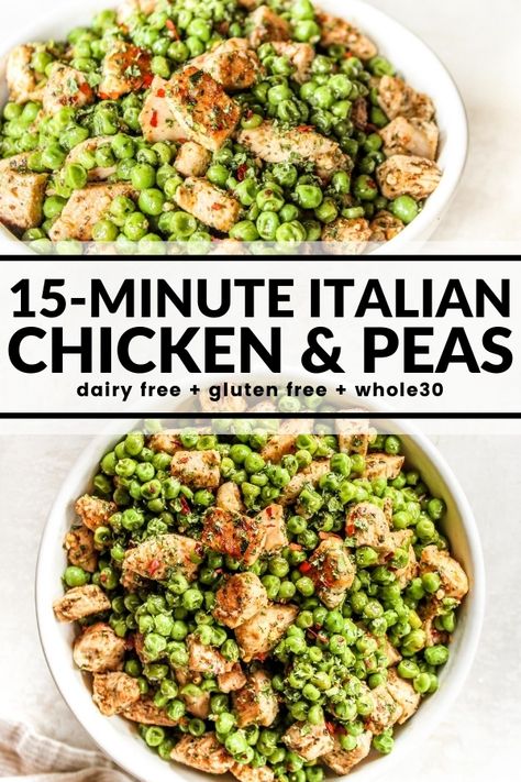 This simple dish of beautifully seasoned chicken and peas is the meal solution you're looking for when you're short on time but want something tasty and healthy! Chicken Peas Recipe, Chicken And Peas, Seasoned Roasted Potatoes, Chicken Peas, Spring Veggies, Seasoned Chicken, Pea Recipes, Italian Chicken, Quick Meal