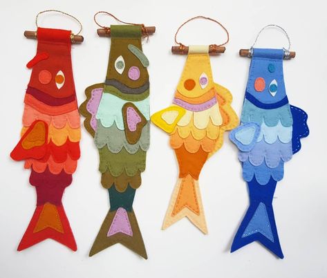 Ashlea Bechaz on Instagram: “ALL the cute and colourful Koi Bois coming this weekend! These handmade Felt Fish wallhangings are one off artworks so these exact…” Felt Koi Fish, Fish Garland, Diy Felt Garland, Big Eyed Fish, Sewing Soft Toys, Felt Fish, Boys Day, Felt Garland, Fishing Decor