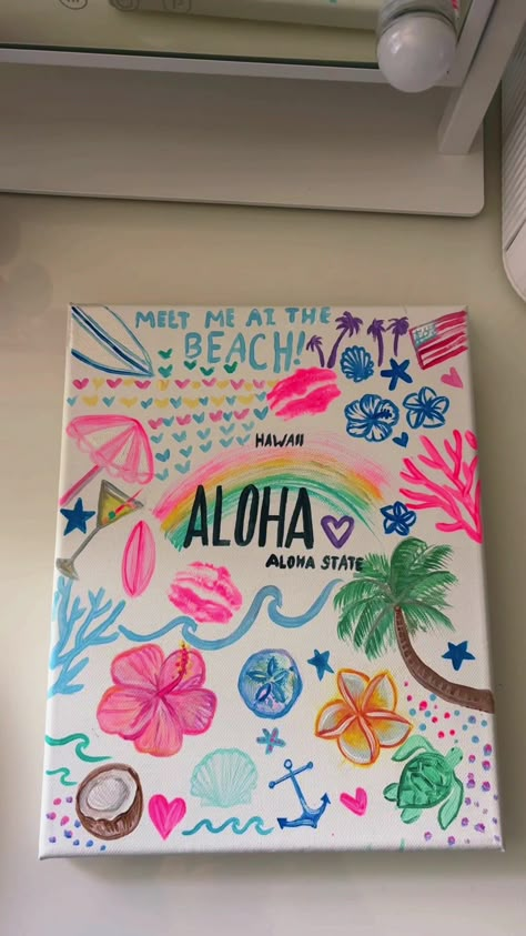 Painting Ideas Hawaii, Summer Crafts Aesthetic, Preppy Art Ideas, Beach Painting Aesthetic, Preppy Drawing Ideas, Preppy Artwork, Beachy Paintings, Pink Terracotta, Preppy Art