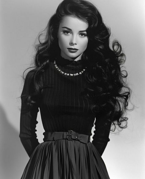 Feminine Long Hair, Haircut Black Hair, Classic Hollywood Hair, Vintage Glamour Aesthetic, 50s Hairstyles For Long Hair 1950s, Long Black Hair With Bangs, Wedding Hair Bangs, Female Character Inspiration, Old Hollywood Glamour