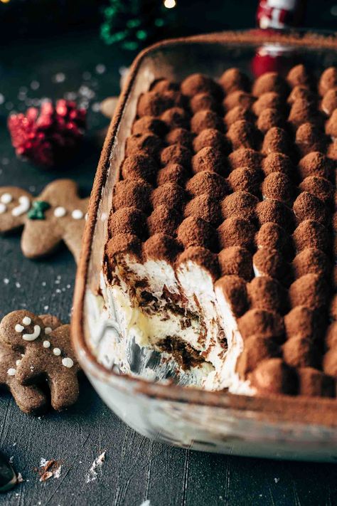 Gingerbread Eggnog Tiramisu, Holiday Baking Trends 2023, No Bake Winter Dessert, Winter Desert Ideas, Egg Nog Tiramisu, Interesting Thanksgiving Recipes, Fancy Christmas Food, Not So Sweet Desserts, Holiday Deserts Christmas