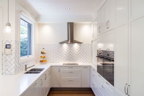 Herringbone Tile Splashback, Beautiful White Kitchens, Kitchen Design Centre, Canopy Rangehood, Tile Splashback, White Kitchens, Design Your Kitchen, Herringbone Tile, Kitchen Cabinet Doors