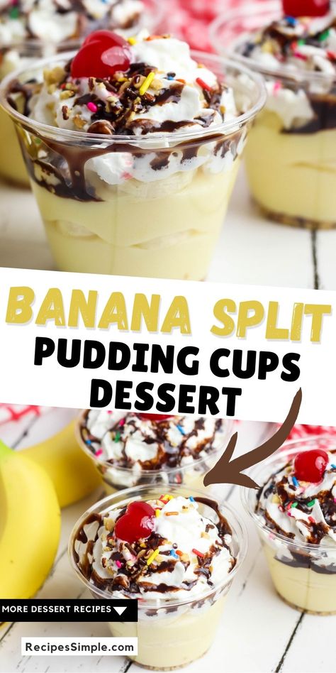 Banana Split Pudding, No Bake Banana Split Dessert, Pudding Cup Desserts, Recipes No Bake, Banana Split Dessert Recipes, Pudding Cup Recipes, Dessert Cups Recipes, Banana Split Dessert, Mason Jar Desserts