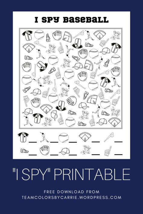 This would be a fun game to play at a baseball themed birthday party or end of season celebration, or to keep the kids busy while you watch your favorite MLB teams in the post season. Preschool Baseball Activities, Baseball Chants, Baseball Party Games, Baseball Printables, Baseball Decorations, Baseball Activities, Relay Games, Spring Training Baseball, I Spy Games