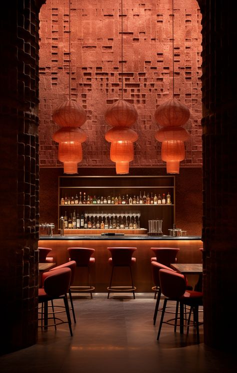 Burgundy Restaurant Interior, Modern Restaurant Facade, Restaurant Entry Design, Hotel Bar Aesthetic, Chinese Bar Design, Moody Restaurant Interior, Luxury Bar Interior, Classic Restaurant Design, 70s Restaurant