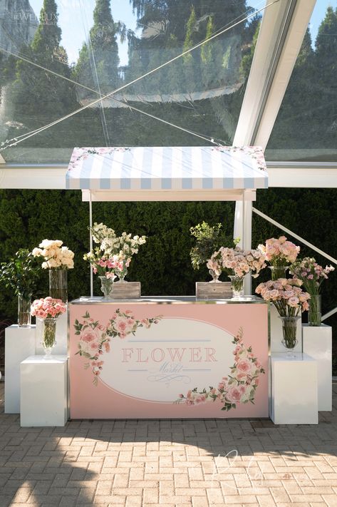 Flower Stand Birthday, Flower Shop Booth Design, Flower Bar Stand, Farmers Market Display Booth, Flower Cart Party Favor, Wedding Shower Flower Cart, Flower Stand Roadside, Floral Gazebo, Story Book Wedding