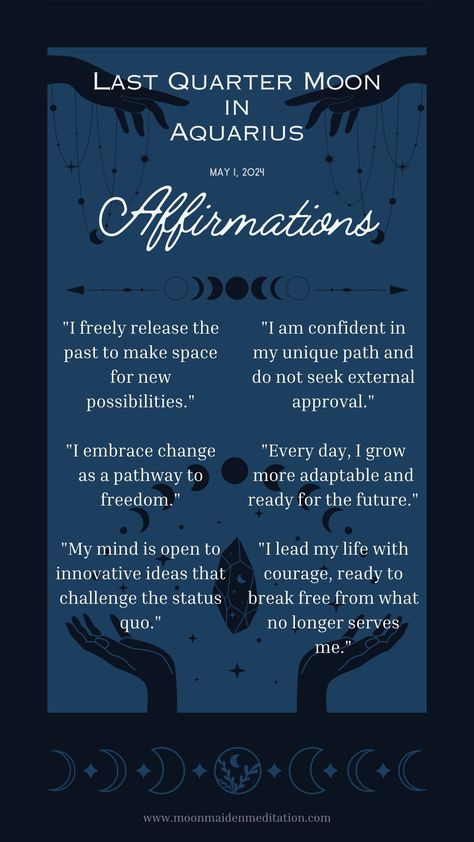 Discover how the Last Quarter Moon in Aquarius encourages you to let go of outdated habits and embrace innovation. Unlock personal growth and freedom with our lunar guide. Dive into the world of astrology and find out how this phase impacts your life decisions and personal growth. Perfect for astrology enthusiasts looking to align with cosmic rhythms!


📚 Discover our "Lunar Manifestation Journal Series" today! First Quarter Moon Affirmations, Moon Affirmations, Last Quarter Moon, New Moon In Aquarius, First Quarter Moon, Quarter Moon, Moon In Aquarius, Moon Journal, Life Decisions