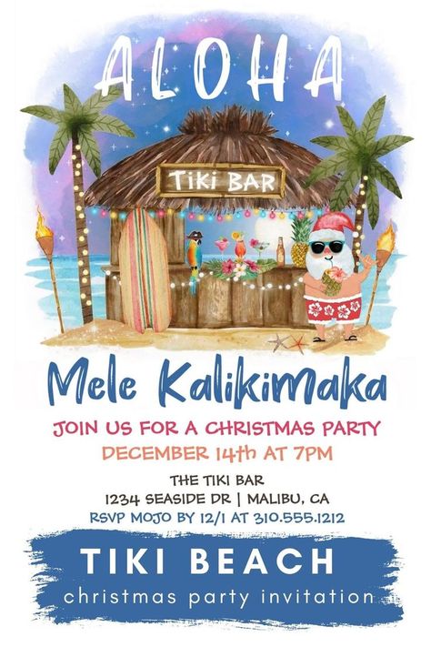 This pin shows a tropical Christmas party invitation featuring Santa enjoying a vacation at a Tiki bar on the beach under the moon and stars with palm trees, holiday string lights and Hawaiian "Aloha" and "Mele Kalikimaka" greetings. Tropical cocktails, a pineapple, hibiscus and palm leaves, a surfboard and a parrot in a pirate hat decorate the bar area. The reverse side is twilight blue. Art by KL Stock Hawaiian Christmas Party Invitations, Christmas Tiki Bar, Mele Kalikimaka Christmas Party, Hawaiian Christmas Party, Tropical Christmas Party, Luau Christmas, Beach Christmas Party, Tiki Ideas, Hawaiian Santa