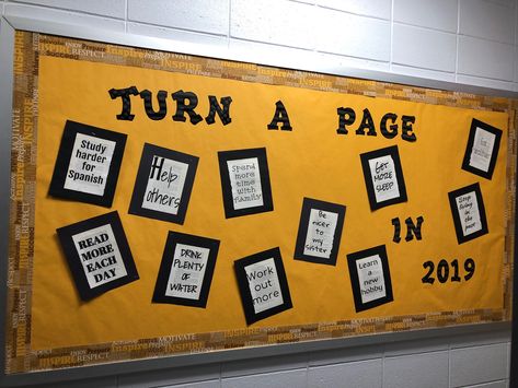 New Years Library Bulletin Boards, New Year Library Display, New Years Resolution Board, New Year Resolution Board, Happy New Year Bulletin Boards, Resolution Board, Spanish Help, Winter Display, School Library Displays