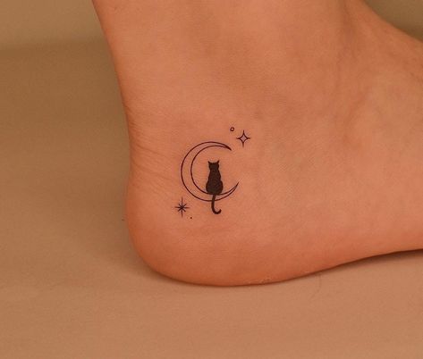 Black Cat Fine Line Tattoo, Cat Paw Tattoos For Women, Black Cat And Moon Tattoo, Small Cat Tattoos For Women, Luna Cat Tattoo, Womens Side Tattoos, Minimalist Cat Tattoo Designs, Cute Witchy Tattoos, Cat Dog Tattoo