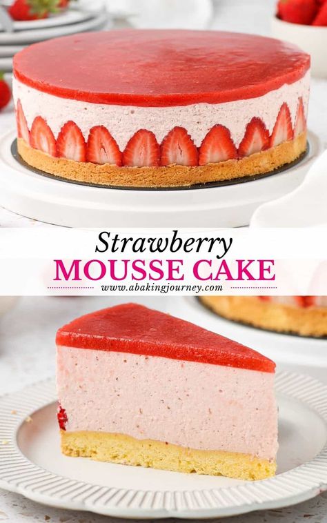 This Strawberry Mousse Cake is an incredibly light and fresh Summer dessert. It combines a Sable Breton Base (French Salted Butter Cookies), Strawberry Mousse packed with strawberries and a homemade Strawberry Jelly topping. Strawberry Mousse Dessert, Difficult Things To Bake, Strawberry Charlotte Russe Cake, Mousse Cake Strawberry, Healthy Pitch In Food Ideas, Strawberry Jelly Cheesecake, Mini Mousse Cake Recipes, Strawberry Mouse Cake Recipe, Light Strawberry Cake