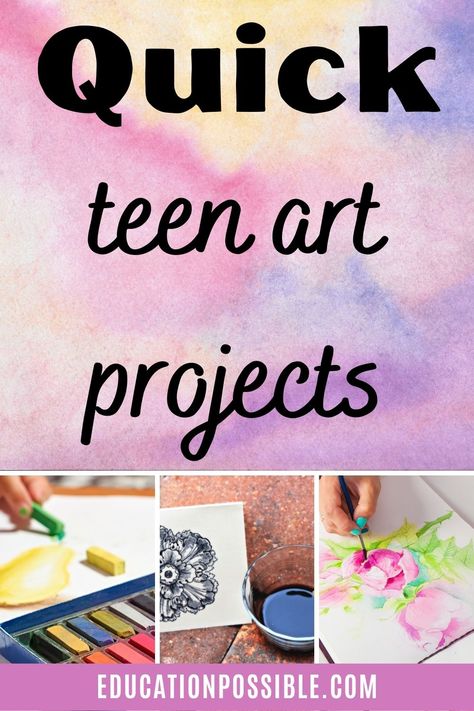 Need some quick teen art projects? Art is essential for all kids, if they see themselves as artistic or not. It gives tweens a different view of the world and lets them express themselves in a unique way. It's true that art takes additional planning, but lessons don't have to take hours to finish. These art projects are simple, but effective. You can even add them to a busy homeschooling day. They're perfect art projects for middle school. Fun Fast Art Projects, Art Ideas For Homeschool, 1 Hour Art Project, Quick Easy Art Ideas, Art Activities For High School, Middle School One Day Art Projects, Middle School Group Art Projects, Middle School Summer Art Projects, Art Ideas Middle School