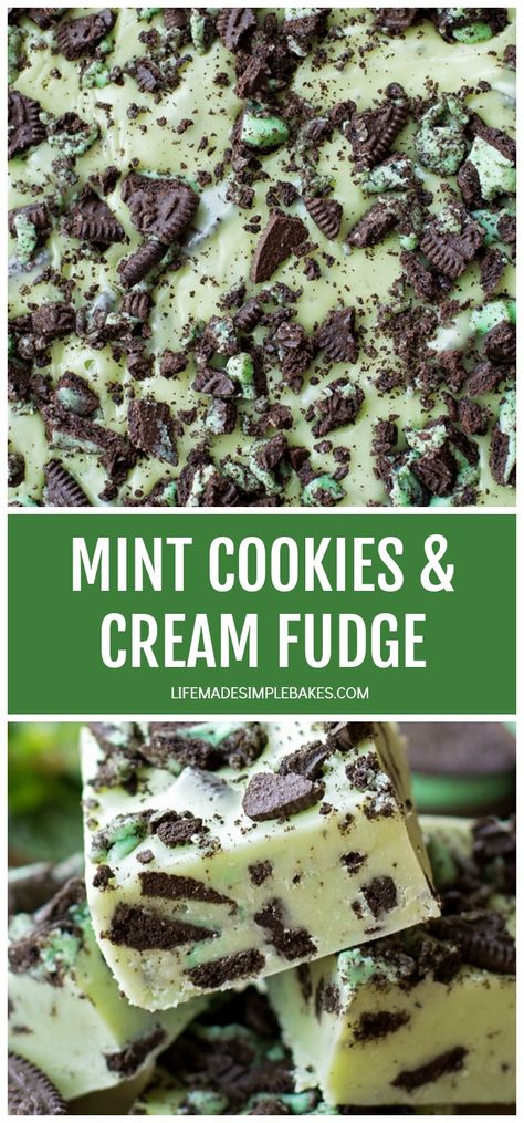 This thick and rich mint cookies & cream fudge is studded with chunks of mint creme Oreos. It's a cinch to make and tastes oh so good! #mintcookiesandcreamfrudge #cookiesandcream #mintcookiesandcream #mintoreofudge #homemadefudge Oreo Rice Krispie Treats, Mint Fudge, Cookies And Cream Fudge, Cookie Dough Frosting, Life Made Simple, Cream Fudge, Oreo Buttercream, Oreo Fudge, Peanut Butter Oreo