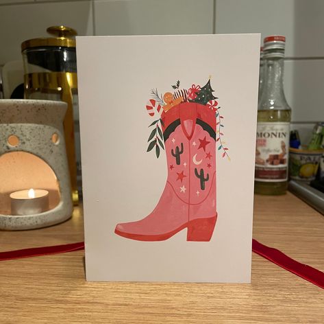 Aesthetic Christmas Cards, Cowboy Boot Illustration, Cowboy Boot Art, Boot Illustration, Vintage Drawings, Christmas Boots, Santa Boots, Stocking Hat, Flamingo Christmas