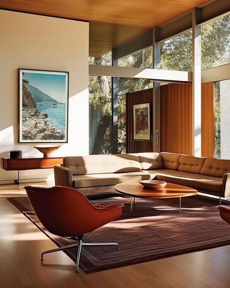 17 Aesthetic Mid-Century Modern Living Room Ideas Roundup - StoryNorth Mid Century Italian Interior, Mid Century Open Concept, Mid Century Minimalist Living Room, Midcentury Modern Living Room Design, Modern Bauhaus Interior, Mid Century Modern Living Room Layout, Mid Century Modern House Decor, Midcentury Living Rooms, Room Divider With Storage