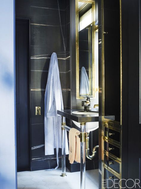 From the petite powder room to the home spa, our bathroom gallery provides plenty of ideas for sprucing up your place. Mirrors In Front Of Windows, Bathroom With Pedestal Sink, Black Marble Bathroom, Windows Bathroom, Bathroom Brass, Black Painted Walls, Marble Bathroom Designs, Modern Luxury Bathroom, Black Rooms