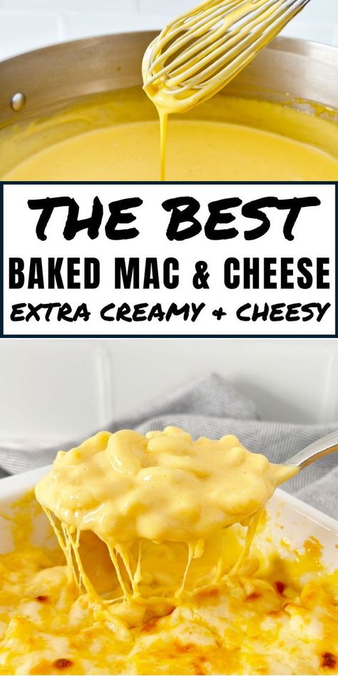 The BEST Mac and Cheese recipe that is extra creamy and cheesy. Oven baked with four cheeses, spices, and macaroni pasta. Must make side dish for potlucks and holiday dinners. Cheesy Creamy Mac And Cheese, Saucy Mac And Cheese, Creamy Macaroni And Cheese Recipe, Creamy Mac And Cheese Recipe Baked, Creamy Mac N Cheese Recipe, Baked Mac And Cheese Recipe Easy, Cheesy Noodles Recipes, Easy Creamy Mac And Cheese, Mac And Cheese For One