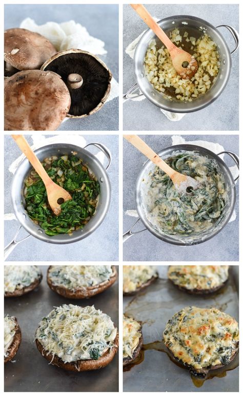 stuffed portobello mushrooms step by step instructions Portobello Recipes, Sunday Snacks, Artichoke Stuffed, Stuffed Portobello Mushrooms, Portobello Mushroom Recipes, Portabella Mushrooms, Stuffed Portobello, Easy Vegetarian Dinner, Stuffed Mushroom