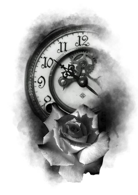 Realistic Clock Tattoo, Clock Face Tattoo Design, Realistic Clock Tattoo Design, Clock Rose Tattoo Stencil, Roses With Clock Tattoo Design, Pocket Watch Tattoos, Simple Tattoos For Guys, Magic Runes, Clock Tattoo Design