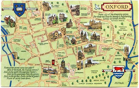 Postcard map of Oxford Oxford Map, Uk Map, Oxford College, St Johns College, London Tourist, Oxford England, Trinity College, New College, Travel Uk