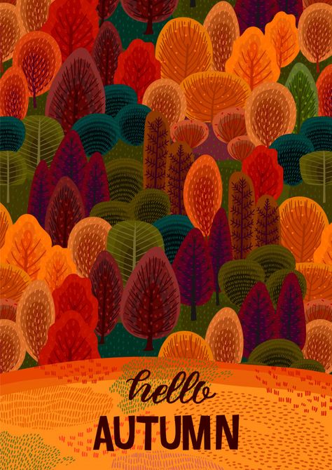 Autumn season with autumn forest. Download the vector at freepik.com now! #Freepik #vector #background #autumn #card My Favorite Color Is Autumn, Autumn Graphic Design Illustration, Autumn Season Drawing, Autumn Forest Illustration, Seasonal Paintings, Painted Drawings, Paint Autumn, Autumn Drawing, Season Art