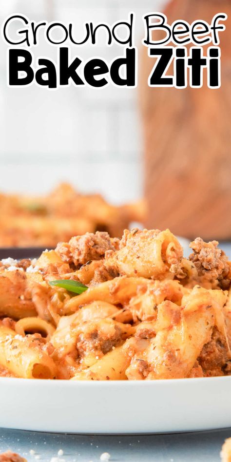 This Baked Ziti with Ground Beef is an easy weeknight dinner that's jam-packed with flavor! Tender noodles, ground beef, pasta sauce, Ricotta cheese, and mozzarella cheese combine in this pasta bake to make the ultimate comfort food. This ground beef baked ziti recipe is perfect for a quick weeknight meal or large gatherings. Recipes With Ziti Noodles, Beef Baked Ziti, Beef Pasta Sauce, Ziti With Ground Beef, Baked Ziti With Ground Beef, Ziti Noodles, Baked Ziti With Ricotta, Noodles Ground Beef, Quick Ground Beef Recipes