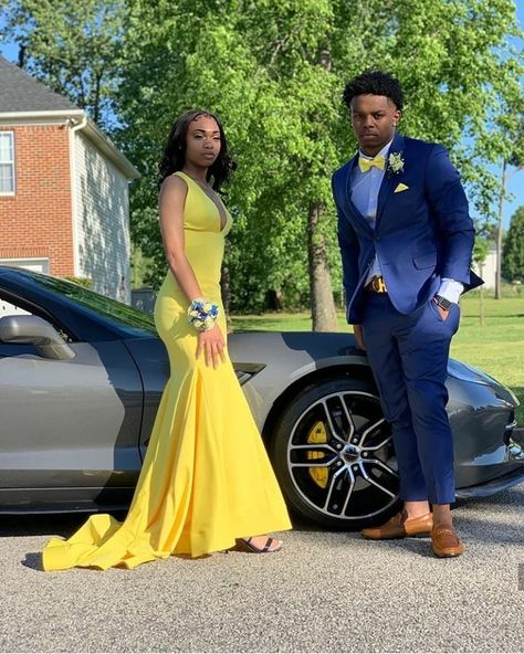 Prom Suits And Dresses, Navy Blue And Yellow Prom Couple, Yellow Prom Outfits For Couples, Navy And Yellow Prom Couple, Blue And Yellow Prom Couple, Yellow Prom Couple, Blue Prom Couple Outfits Black, Gold Prom Couple, Yellow Prom Dress Couple