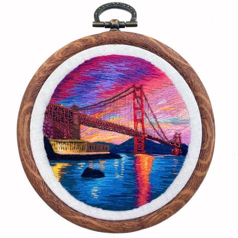 Jocelyn H. (@jocestitches) • Instagram photos and videos San Francisco Golden Gate Bridge, Wood Pattern, Thread Painting, Wood Patterns, Golden Gate, Golden Gate Bridge, Embroidery Art, Vintage Decor, Jewelry Art