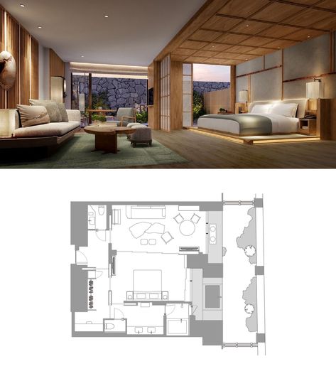 Bedroom Resort Design, Suite Rooms Hotel, Japanese Hotel Room Design, Japanese Hotel Interior, Suite Hotel Room Luxury Plan, Two Story Master Suite, Luxury Hotel Suite Room Plan, Japanese Hotel Design, Hotel Suite Floor Plan Luxury