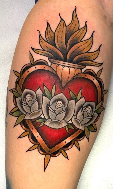 Neotraditional Sacred Heart Tattoo, Neotraditional Heart Tattoo, Eternal Heart Tattoo, Mexican Sacred Heart Tattoo, Neo Traditional Heart Tattoo, Sacred Heart Traditional Tattoo, Sacred Heart Illustration, Old School Heart Tattoo, Immaculate Heart Tattoo