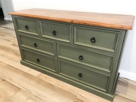 Upcycled Green Furniture, Grey Green Furniture Paint, Olive Dresser Makeover, Sage Green Chalk Paint Dresser, Dresser Makeover Sage Green, Green Drawers Painted Furniture, Green Dresser With Wood Top, Two Tone Green Dresser, Wood And Green Dresser