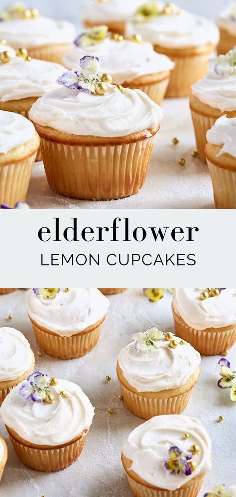 Lemon Elderflower Cake, Herbal Cupcakes, Spring Flavored Cupcakes, Herb Cupcakes, Elderflower Dessert, Bridgerton Cupcakes, Herb Desserts, Unique Easter Desserts, Nature Cupcakes