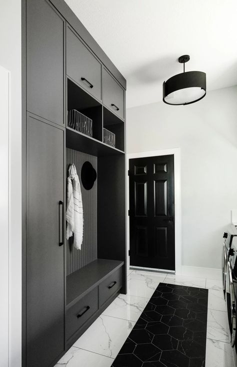 The Ridge: Laundry & Mudroom | The Ridge Charcoal Mudroom, Mid Century Modern Mudroom, Dark Mudroom, Mudroom Cabinetry, Mudd Room, Hallway Cabinets, Laundry Reno, Laundry Mudroom, Modern Grey Living Room