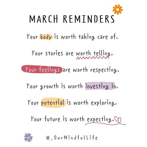 Our Mindful Life on Instagram: "If you’ve been neglecting your emotions, self-care, and overall well-being, why not pick them back up this month? Wellness March is totally doable with a bit of time and intention each day and a lot of love for yourself. #ourmindfullife #march #marchquotes #reminder #selflove #selfcare #youareworthy #knowyourworth" March Quotes Month Of, March Intentions, March Quotes, Encouragement Strength, New Month Quotes, Calendar Quotes, Love For Yourself, Our Mindful Life, March Themes