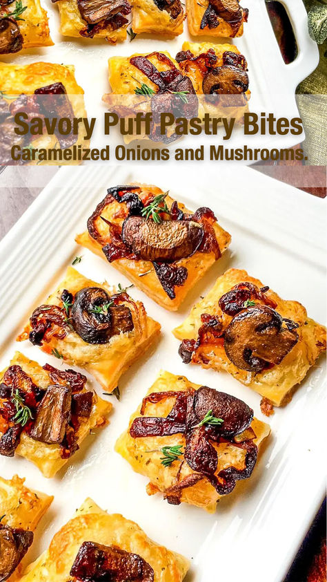 Enjoy the irresistible allure of savory puff pastry bites adorned with the rich symphony of caramelized onions and earthy mushrooms. Each delicate pastry encapsulates a harmonious ble Caramelized Onion Mushroom Puff Pastry, Mushroom Onion Puff Pastry, Mushroom Puff Pastry Recipes, Phillo Puff Pastry Recipes Savory, Puff Pastry Bacon, Puff Pastry Recipes Savory, Savory Puff Pastry, Caramelized Onions And Mushrooms, Bacon Stuffed Mushrooms