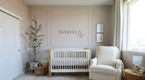 Wainscotting In Nursery, Paneled Nursery Wall, Wainscoting Nursery Wall, Modern French Nursery, Nursery With Molding, Textured Walls Nursery, Gender Neutral Nursery Simple, Girl Nursery Wainscoting, Batton Board Nursery