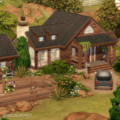 Small Horse Ranch, Small Ranch House Plans, Small Ranch House, Sims 4 Exterior, Small Rustic House, Sims 4 Cottage, Sims 4 Houses Layout, Modern Ranch House, Sims 4 House Ideas