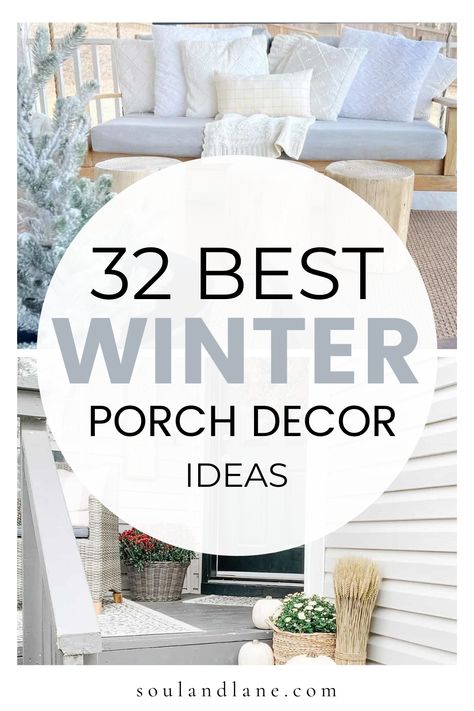 Elevate your front porch with the charm of winter. From festive lighting to cozy textiles, these ideas will turn your outdoor space into a winter wonderland adding a touch of enchantment to your home's exterior. Winter Patio Furniture, Winter Entryway Decor Front Porches, Winter Outdoor Bench Decor, Front Porch Winter Decor Ideas Farmhouse, Winter Decor Front Porch Non Christmas, Winter Front Porch Decor Rustic, Small Porch Winter Decor, Exterior Winter Decor, Winter Wonderland Christmas Decorations Outdoor