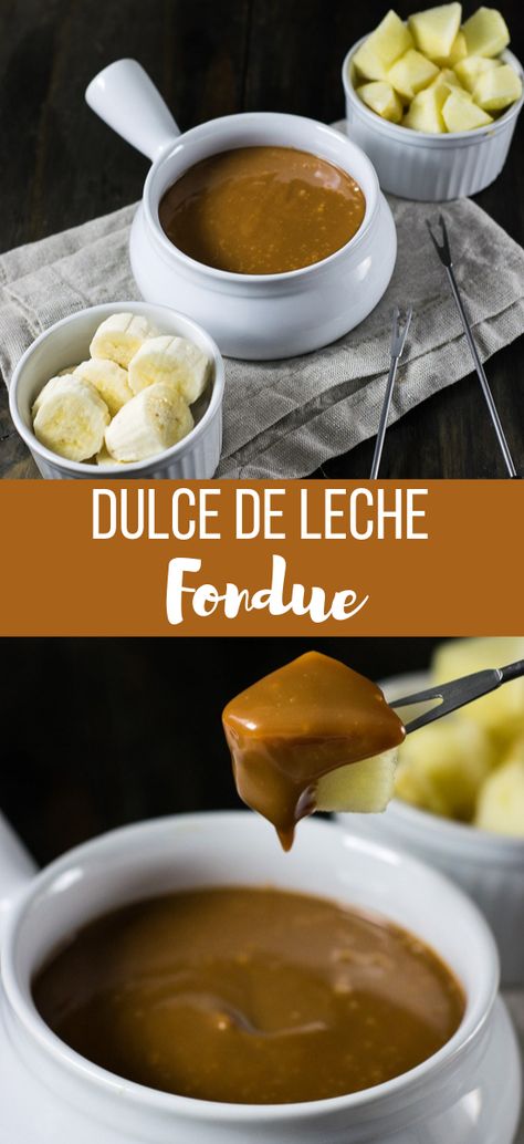 Ge ready o fall in love with this Dulce de Leche Fondue recipe! It's very easy to make and will be ready in just 15 minutes! #dulcedeleche #fondue #recipe #sweet #dessert #quick #easy Caramel Fondue, Fondue Dip, Cheese Fondue Recipe Easy, Fondue Recipes Meat, Easy Cheese Fondue, Melting Pot Recipes, Easy Fondue, Dessert Quick, Dessert Fondue