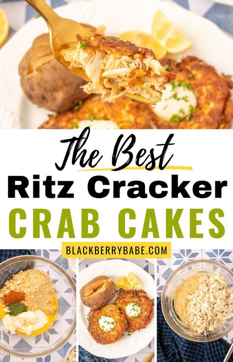 a collage of photos about crab cakes Crab Cakes With Ritz Crackers Recipe, Crab Cake No Mayo, Crab Cakes Ritz Crackers Recipe, Lobster Crab Cakes, Ritz Cracker Fish Recipes, Ritz Cracker Seafood Stuffing Crab Meat, Crab Cakes Without Breadcrumbs, Crab Cakes Canned Crab Meat, Crab And Shrimp Cakes Recipe