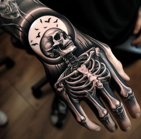 Skellington Hand Tattoo, Skull On Hand Tattoo, Skull Hand Tattoo Design, Skull Tattoos Hand, Halloween Hand Tattoos, Skeleton Hand Holding Something, Skeleton Hands Tattoo, Hand Tattoos Skull, Black Hand Tattoo