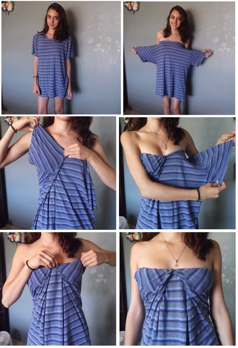 How to Make a Beautiful Dresse From Simple T-Shirt Diy Clothes No Sewing Upcycling, Shirt Dress Diy, How To Wear Shirt, Diy Clothes Hacks, Diy Bra, Mode Hippie, Upcycle Sewing, Diy Vetement, Diy Fashion Hacks