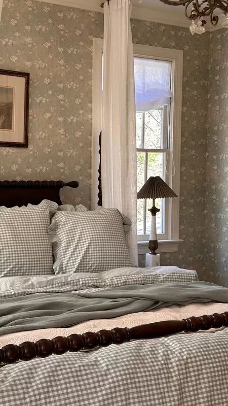 Another view🤍  #LTKhome Gingham Bedroom Ideas, Girly Farmhouse Bedroom, Gingham Bedding Aesthetic, How To Make Your Bed, Four Poster Bedroom Ideas, Cottage Guest Room, Farmhouse Guest Bedroom, Black Rooms, Spring Bedroom