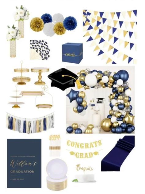 Blue And Gold Graduation Party Ideas, Graduation Party Ideas Decorations, Diy Graduation Party Centerpieces, Blue And Gold Graduation, Athletic Banquet, Graduation Party Checklist, College Graduation Party Decorations, Grad Party Decor, Gold Graduation Party